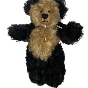 Sally Farrell Black and Tan Mohair Teddy Bear with Gold Necklace 8” collection